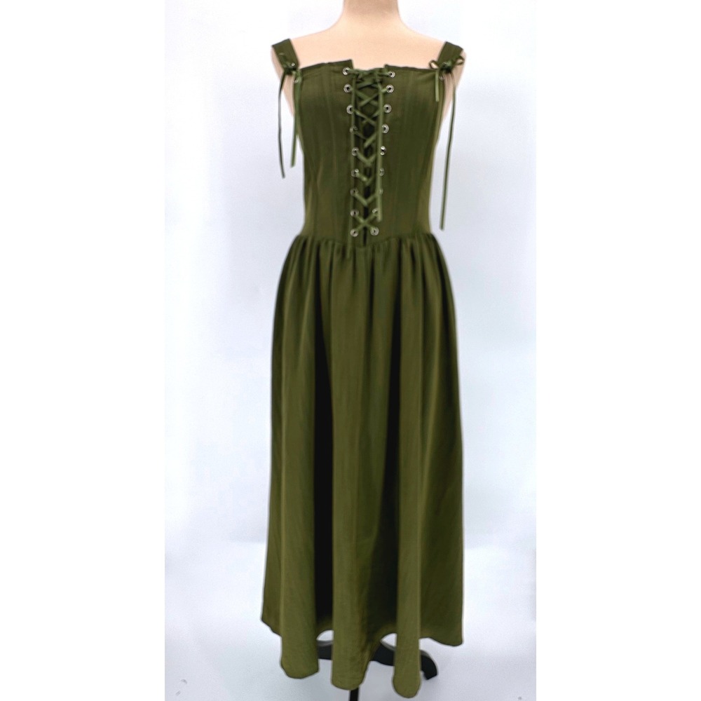 Scarlet Darkness Olive Green Lace Up Corset Smocked Midi Dress NWT Size L